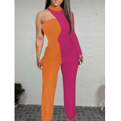 LW Plus Size One Shoulder Patchwork Skinny Jumpsui