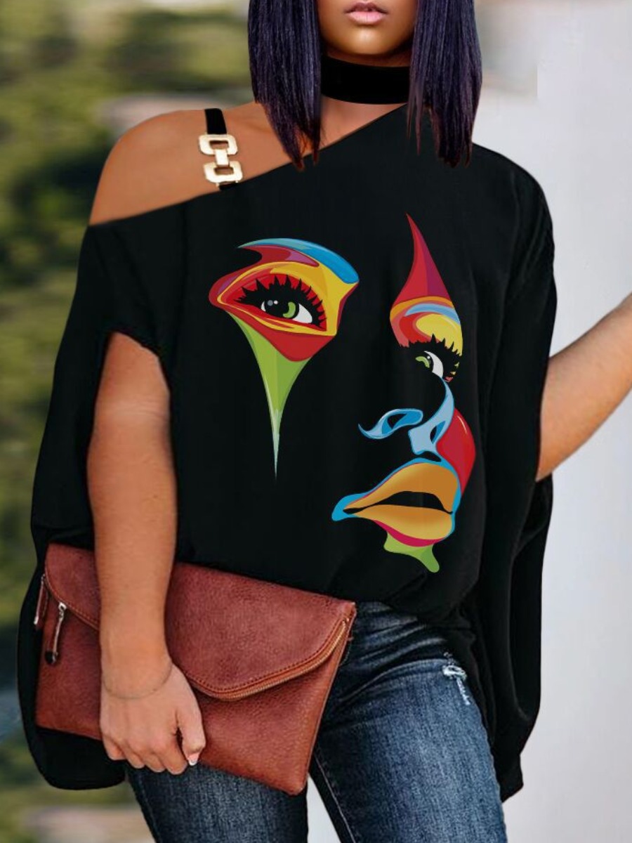 LW Plus Size One Shoulder Figure Print Chain Decor