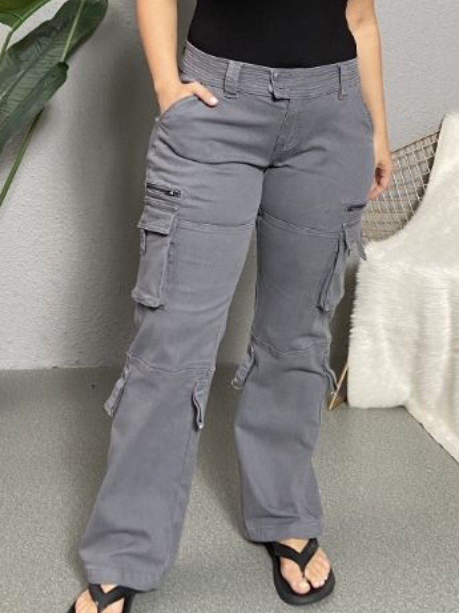 LW COTTON Pocket Design Zipper Solid Color Pants