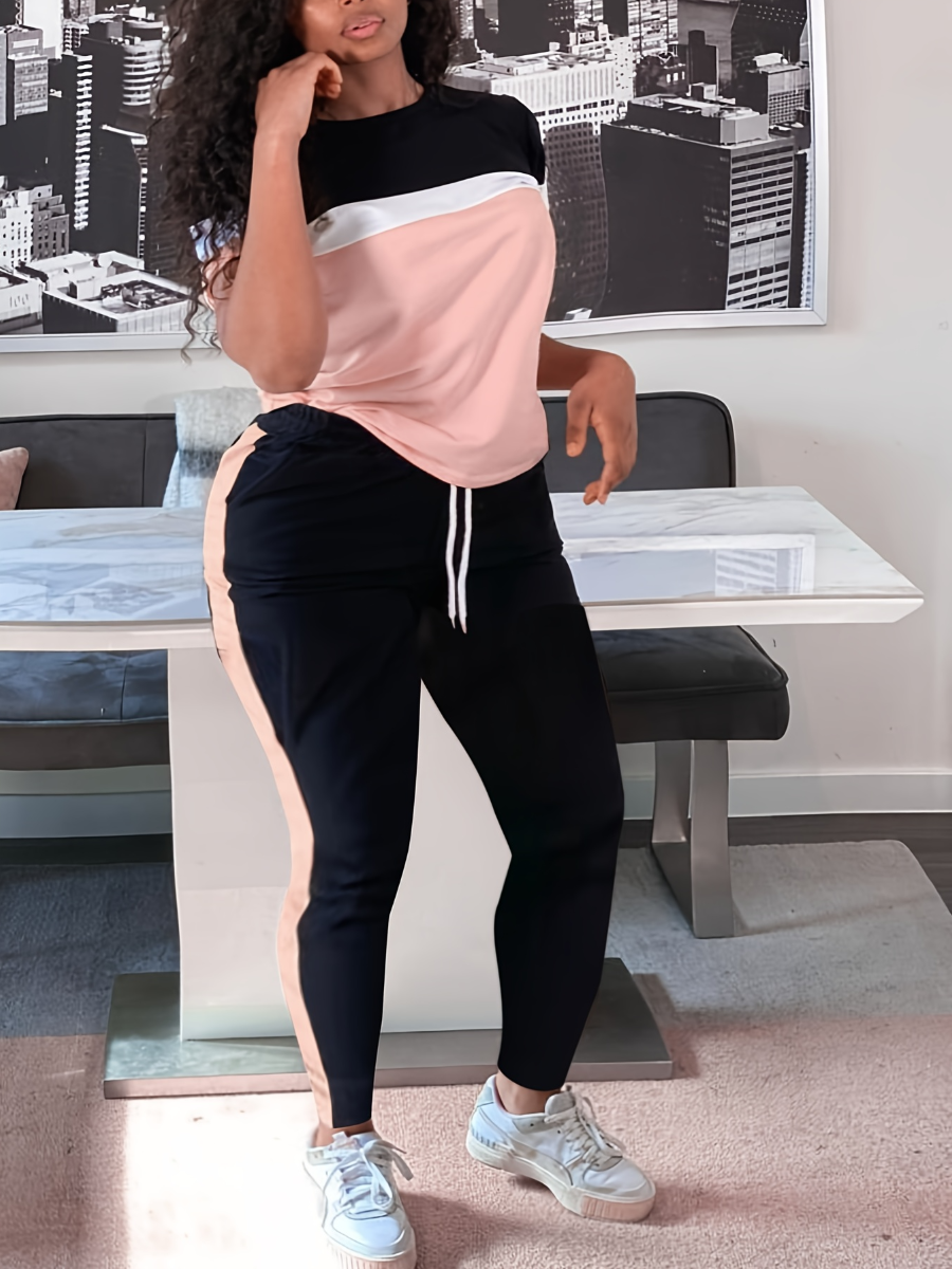 LovelyWholesale Plus Size Patchwork Drawstring Pants Set Spring Short Sleeve Casual Round Neck  4X Spring Summer 2024