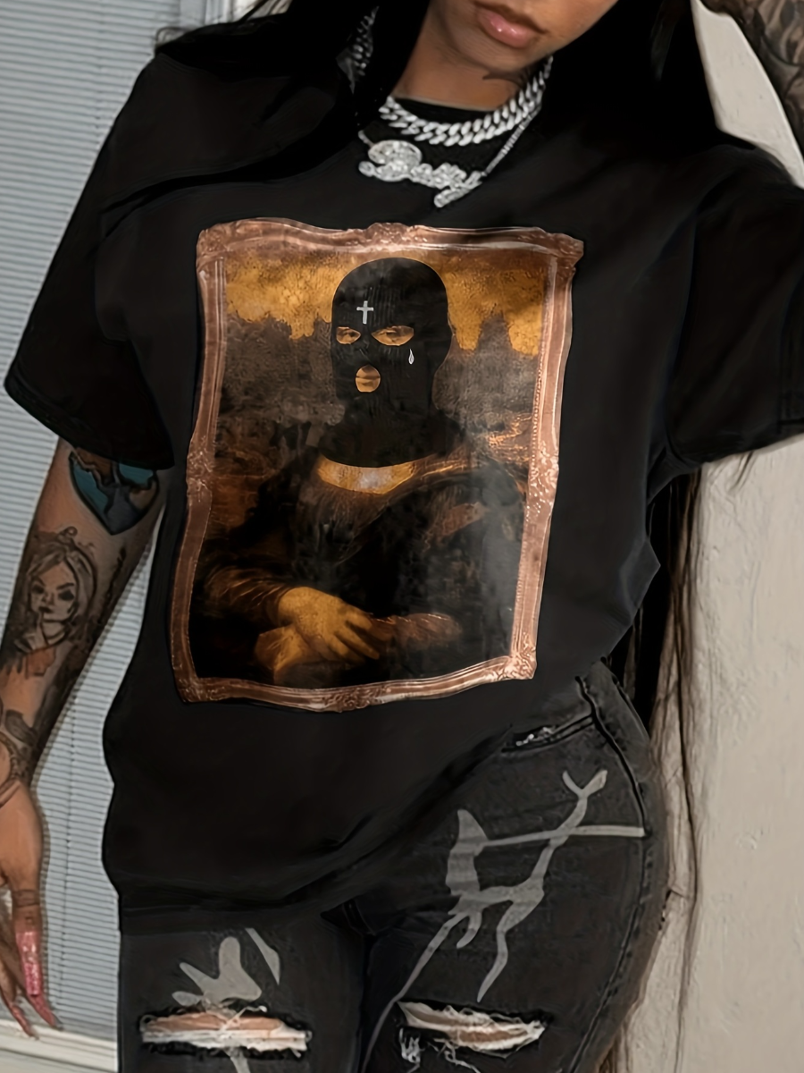 LovelyWholesale Masked Face Figure Print T-shirt Summer Short Sleeve Casual Round Neck Spring Summer 2024