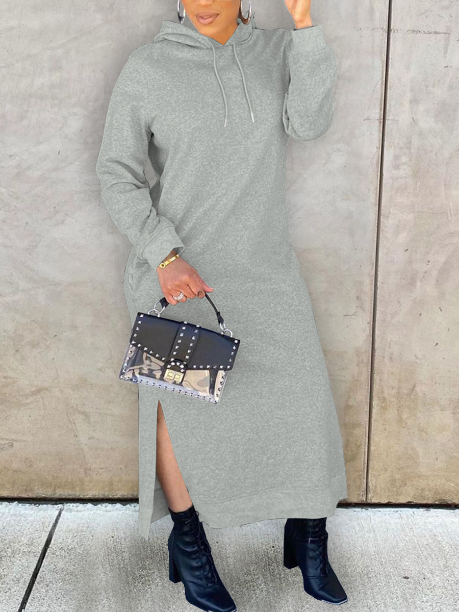 LovelyWholesale BASICS Hooded Collar Side Split Sweat Dress Fall Long Sleeve Casual Split Hooded Collar Spring Summer 2024