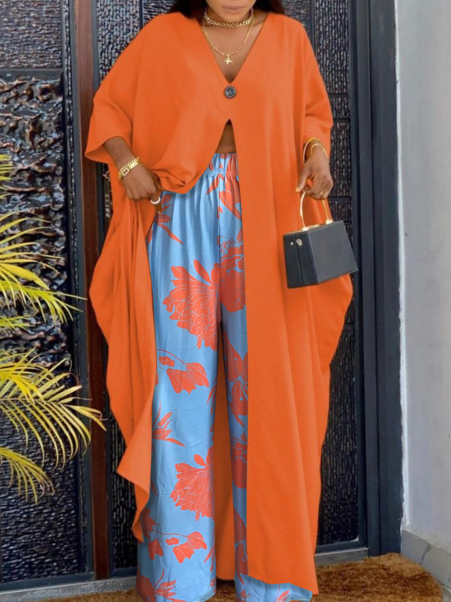 LovelyWholesale Floral Print Button Design Front Split Wide Leg Pants Set Fall Long Sleeve Vacation Pattern V Neck Spring Summer 2024