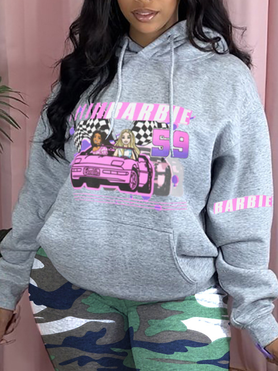 LovelyWholesale Figure Letter Print Kangaroo Pocket Hoodie Fall Long Sleeve Casual Hooded Collar Spring Summer 2024