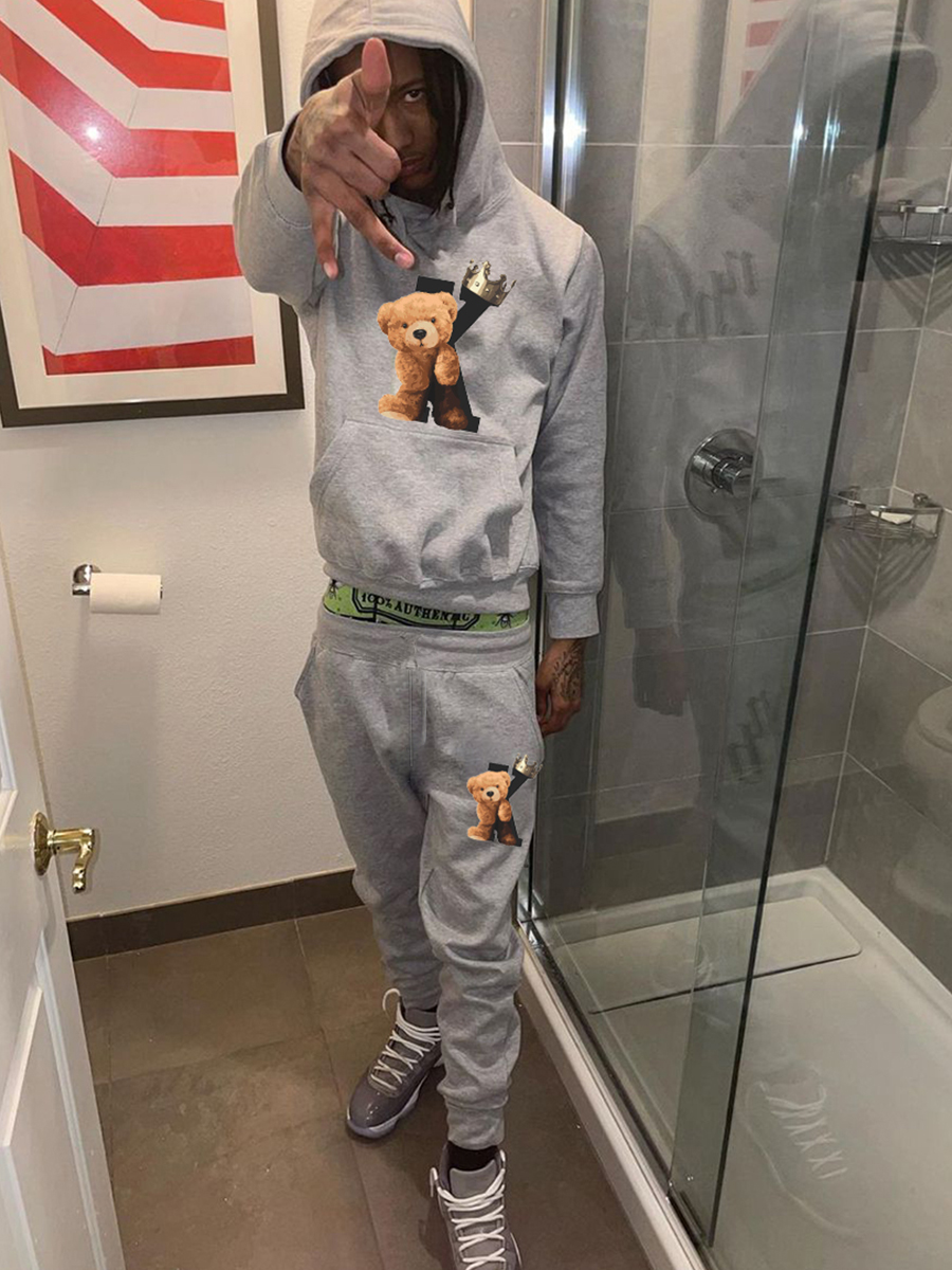 LW Men Teddy Bear Print Kangaroo Pocket Tracksuit Set