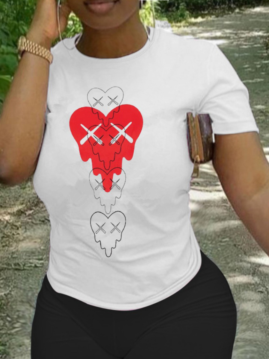 LovelyWholesale Heart Print Patchwork T-shirt Summer Short Sleeve Casual Basic Round Neck Spring Summer 2024