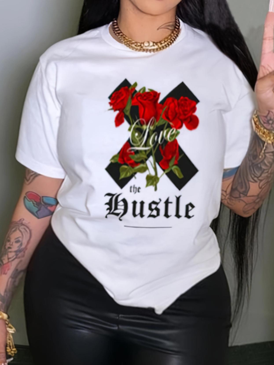 LovelyWholesale COTTON Plus Size Floral Letter Print T-shirt Summer Short Sleeve Casual Basic Round Neck  5X Spring Summer 2024