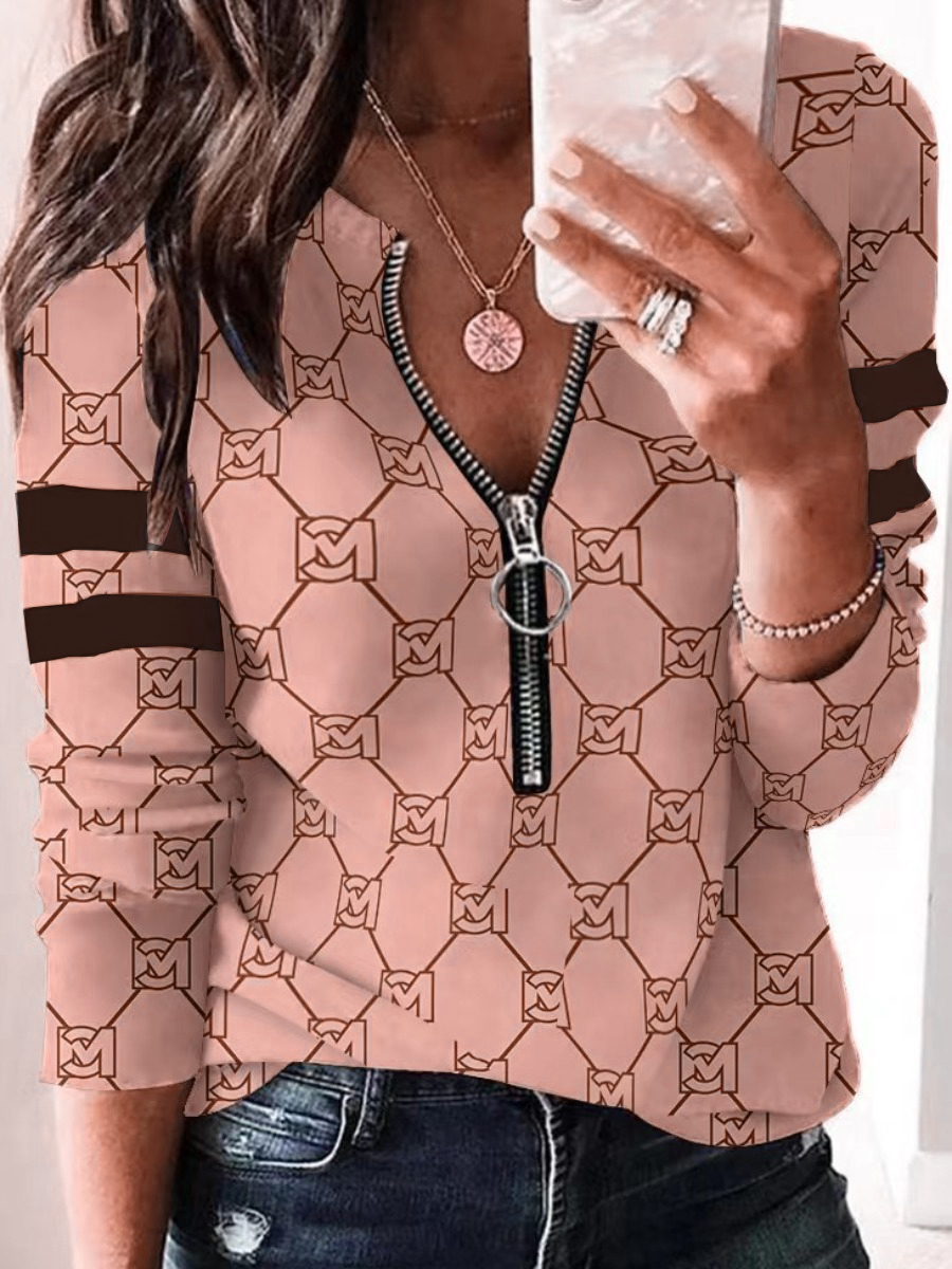 LovelyWholesale Plus Size Geometric Letter Print Zipper Design T-shirt Fall Long Sleeve Casual Round Neck  3X Spring Summer 2024