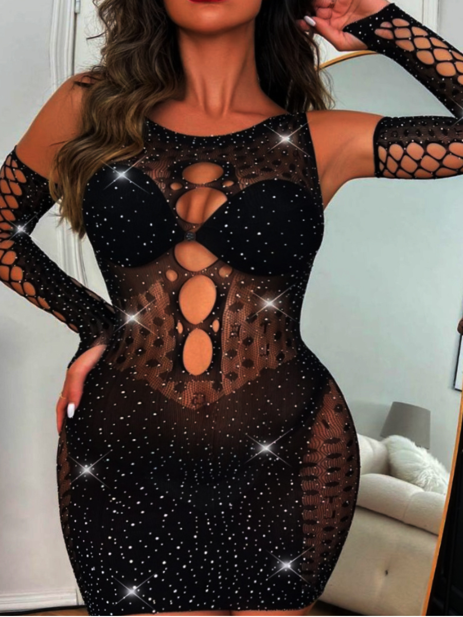 LW SXY Plus Size Rhinestone Decor See through Cut Out Gown