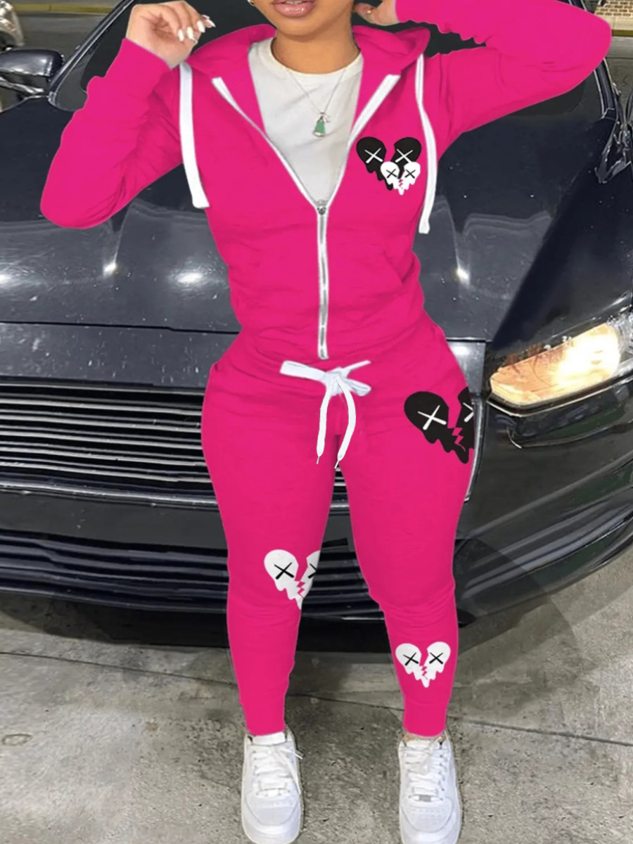 LovelyWholesale Plus Size Broken Heart Print Kangaroo Pocket Tracksuit Set Fall Long Sleeve Casual Zipper Design Hooded Collar  Spring Summer 2024