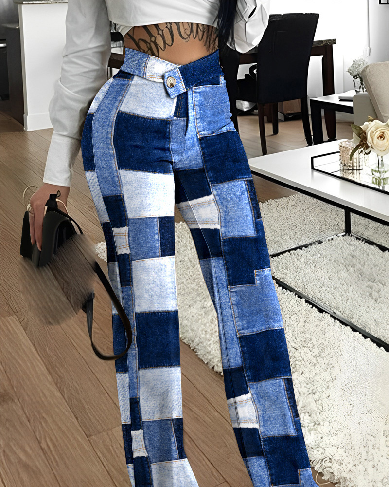 LW High Waist Plaid Pattern Asymmetrical Pants