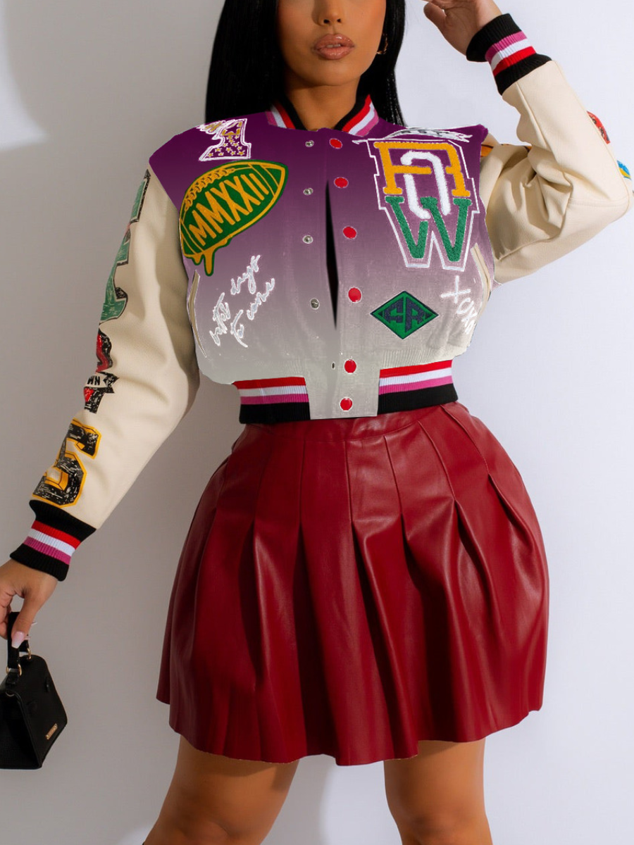 LovelyWholesale Plus Size Gradient Letter Decor Striped Jacket Fall Nine Points Sleeve Casual Baseball Collar  3X Spring Summer 2024