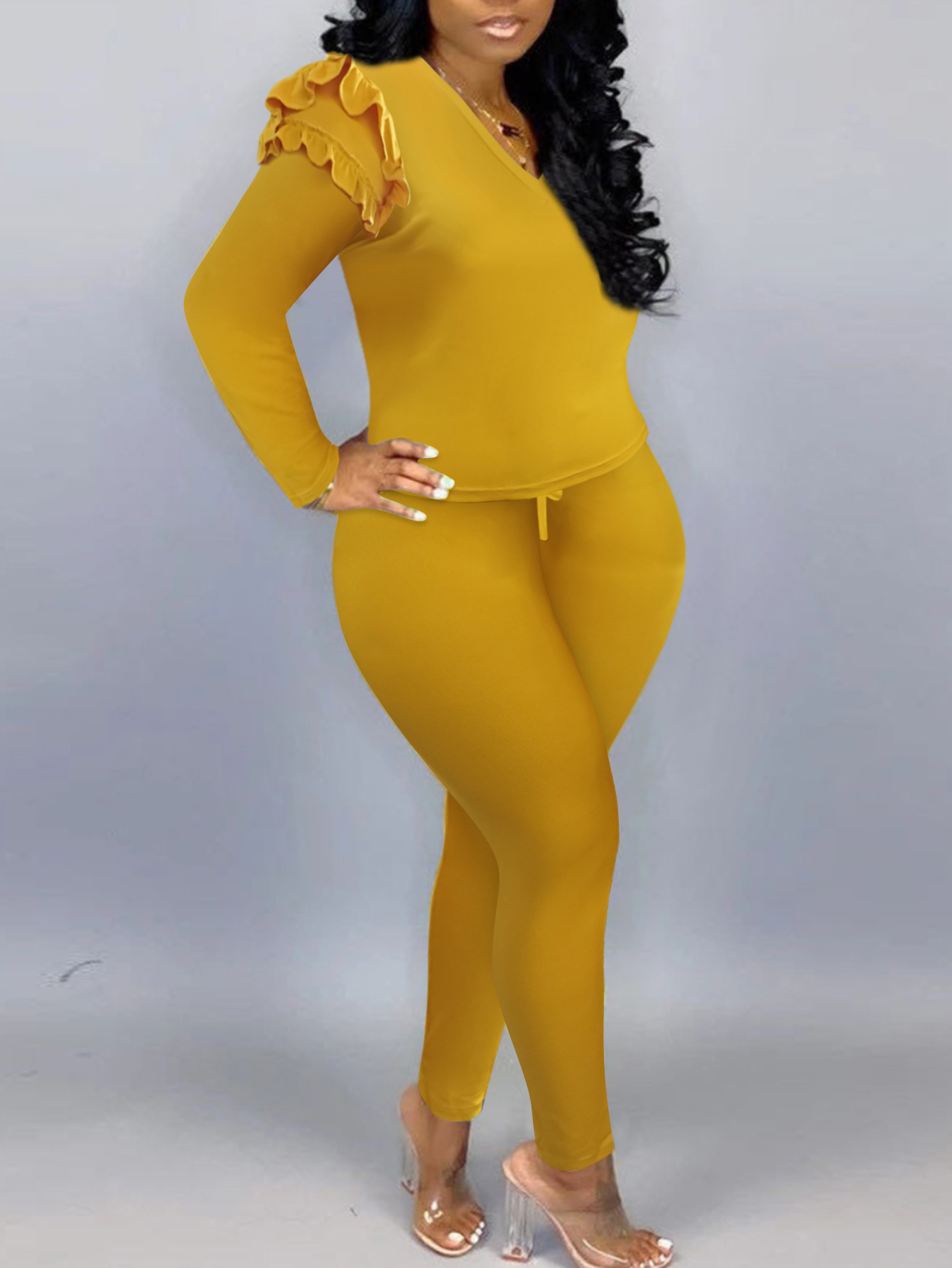 LW Plus Size Trendy V Neck Striped Yellow Two-piece Pants Set