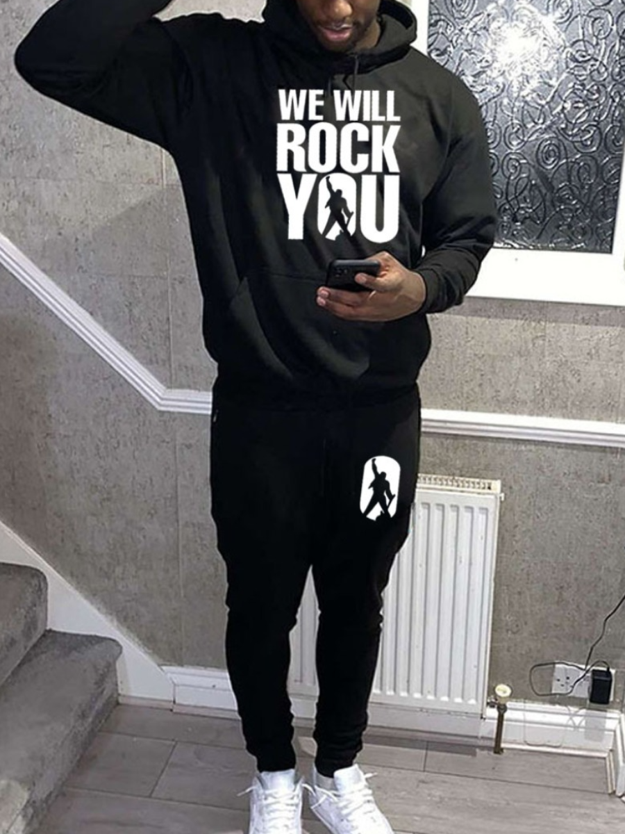 LW Men Letter Print Kangaroo Pocket Tracksuit Set