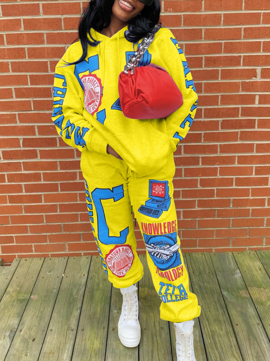 LovelyWholesale Plus Size Letter Print Kangaroo Pocket Tracksuit Set Fall Long Sleeve Street Hooded Collar  3X Spring Summer 2024