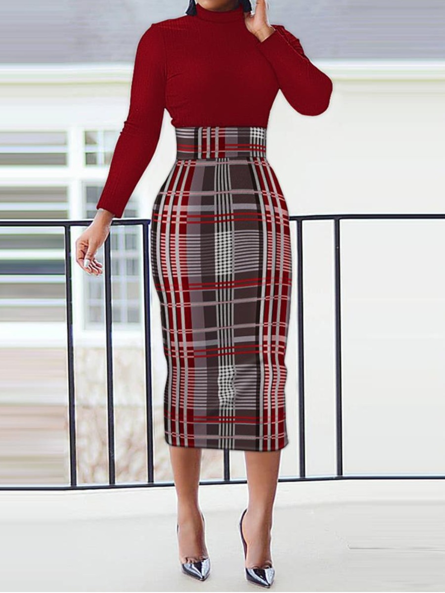 LovelyWholesale COTTON Plus Size Turtleneck Plaid Print Bodycon Dress Fall Long Sleeve Casual Mock Neck  3X Spring Summer 2024