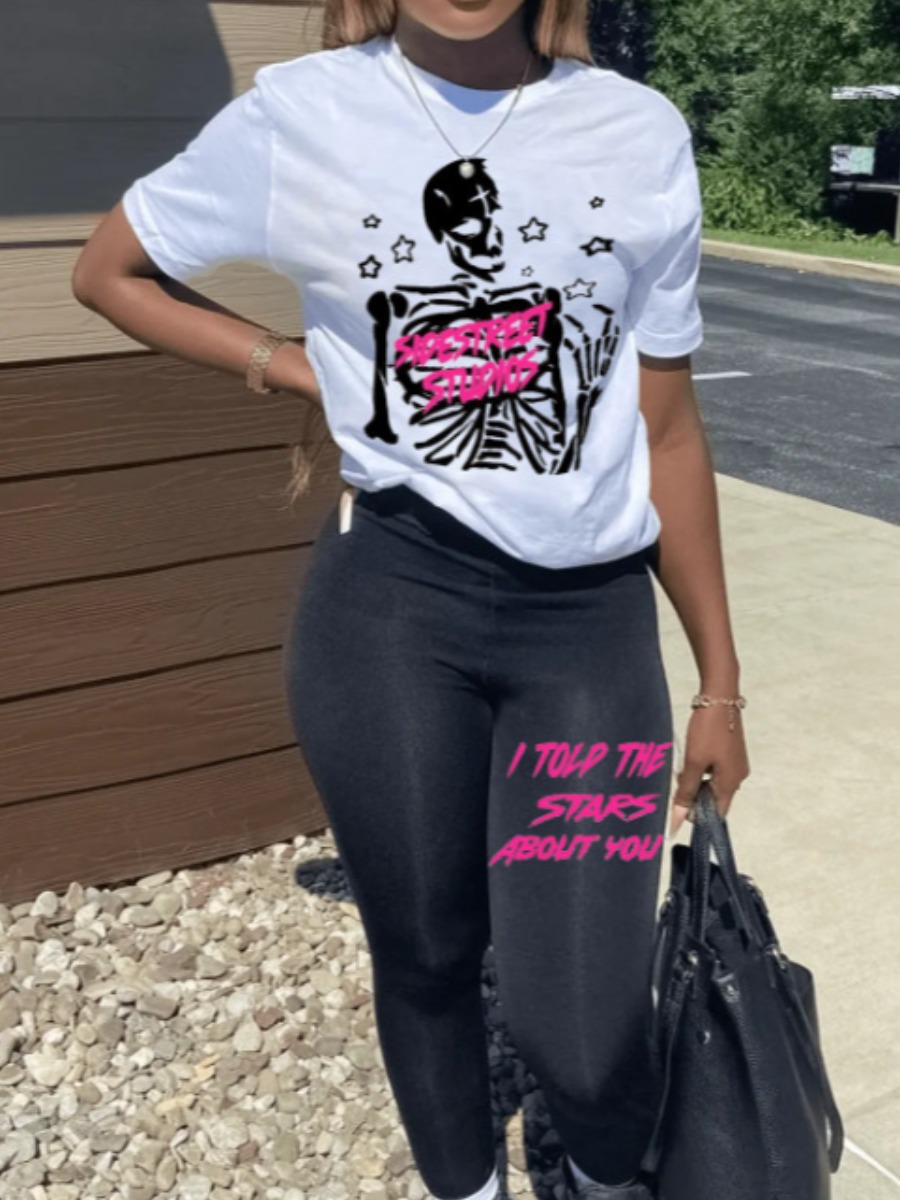 LovelyWholesale Skeleton Letter Print Pants Set Spring Short Sleeve Casual None Round Neck Spring Summer 2024