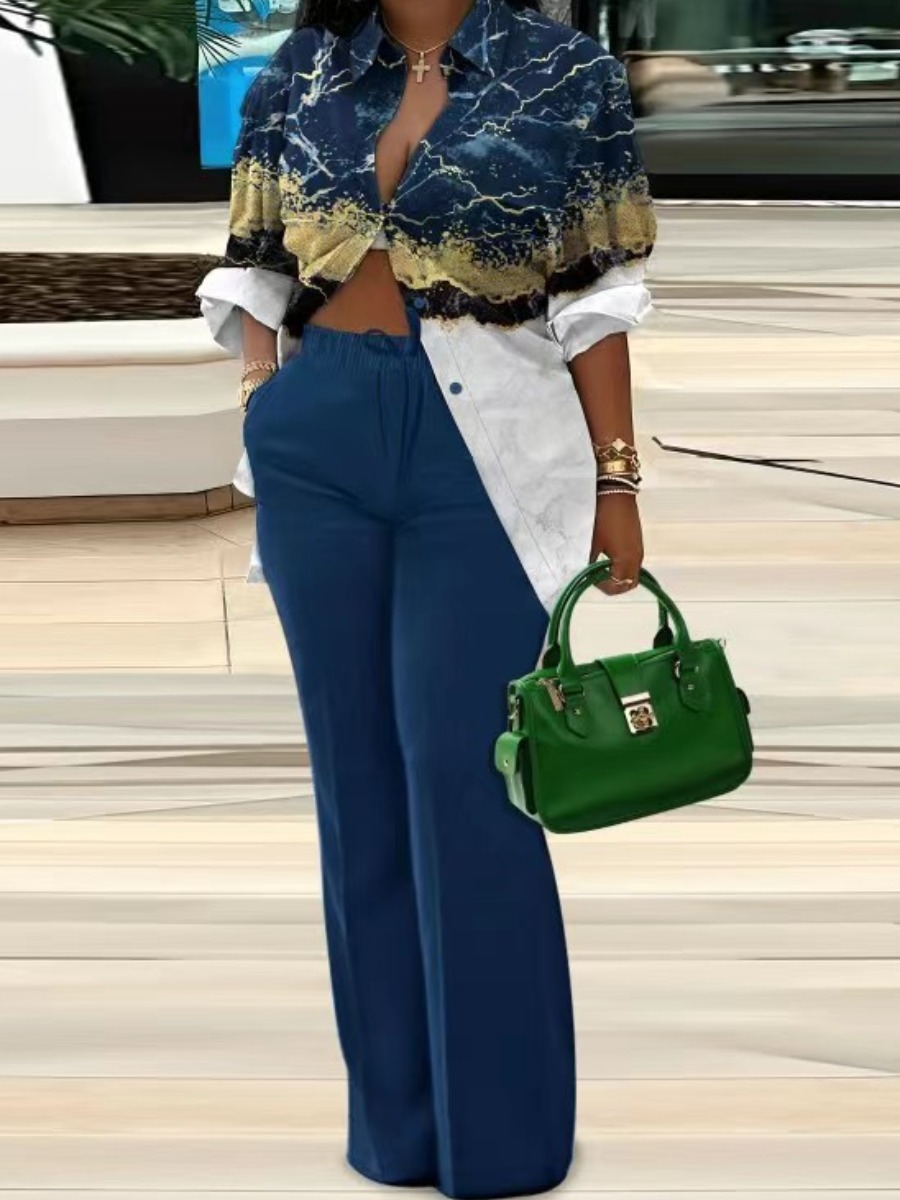 LW Plus Size Gradient Shirt Pocket Design Pants Set