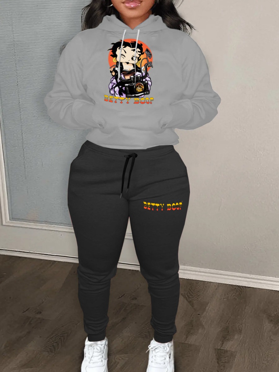 LW Cartoon Letter Print Kangaroo Pocket Tracksuit Set