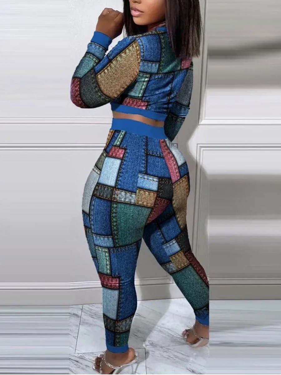 LW Imitation Denim Crop Top Patchwork Skinny Pants