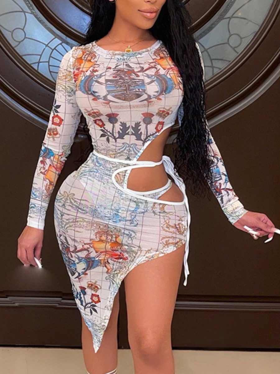LovelyWholesale Mixed Print Bandage Design See Through Skirt Set Spring Long Sleeve Elegant Round Neck Spring Summer 2024