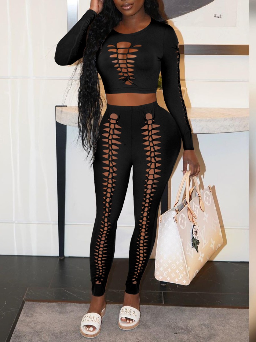 LovelyWholesale SXY Crop Top Cut Out Skinny Pants Set Fall Long Sleeve Sxy Round Neck Spring Summer 2024