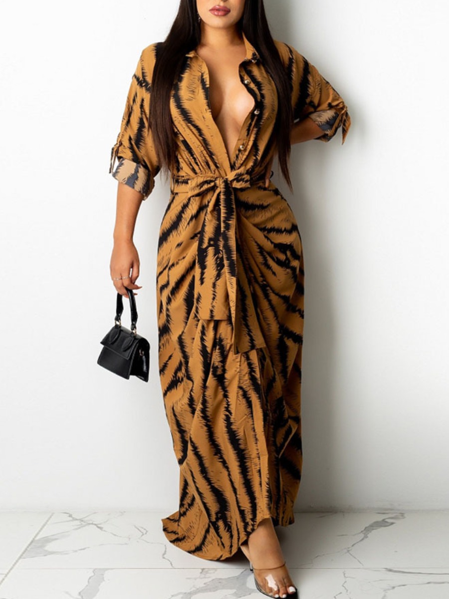 LovelyWholesale Animal Print Button Design Shirt Dress Fall Long Sleeve Elegant Turndown Collar Spring Summer 2024
