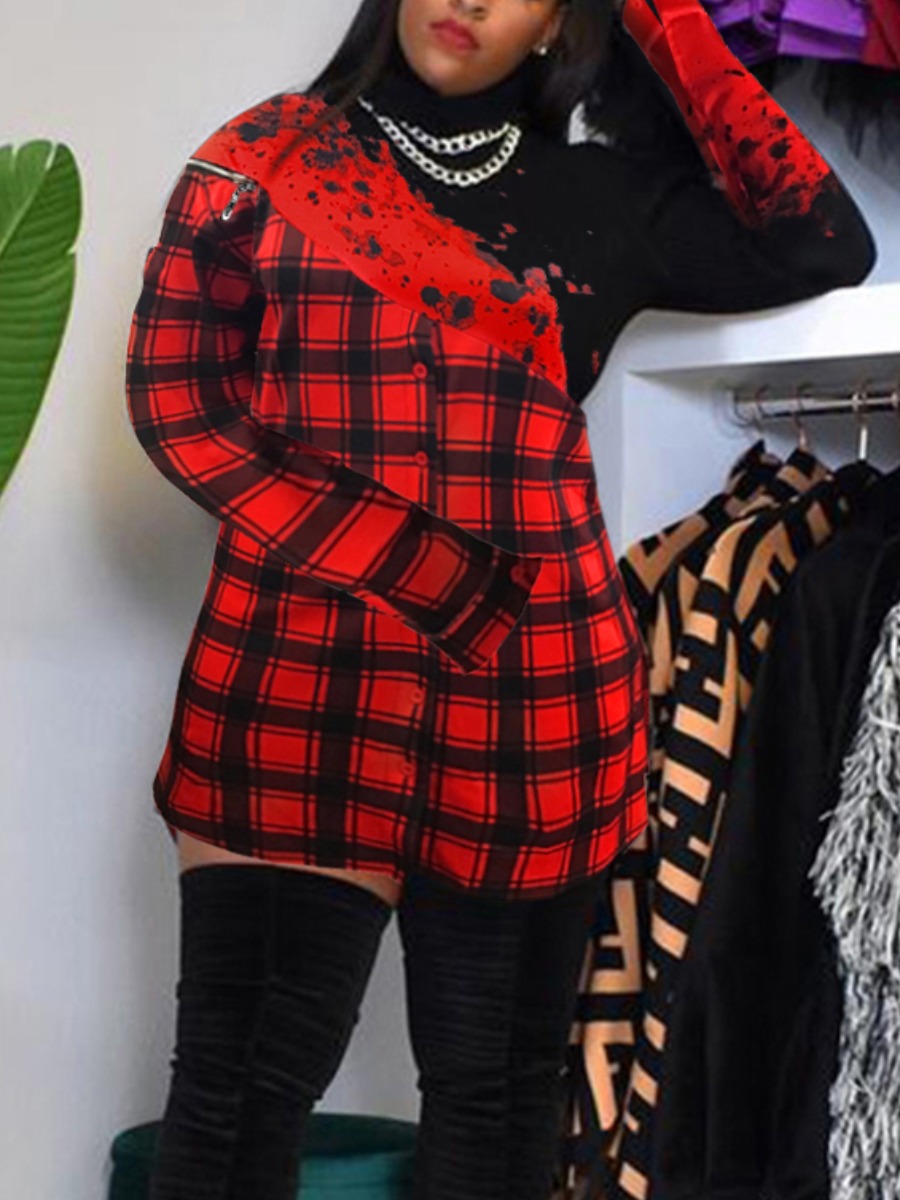 LW BASICS Plus Size Zipper Design Medium Plaid Lon