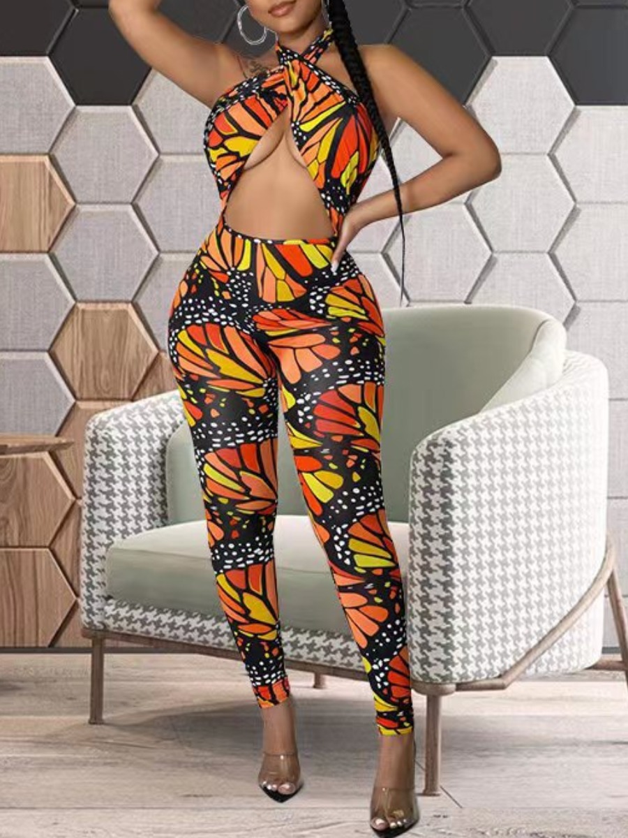 LW Plus Size Mixed Print Backless Bandage Design Jumpsuit