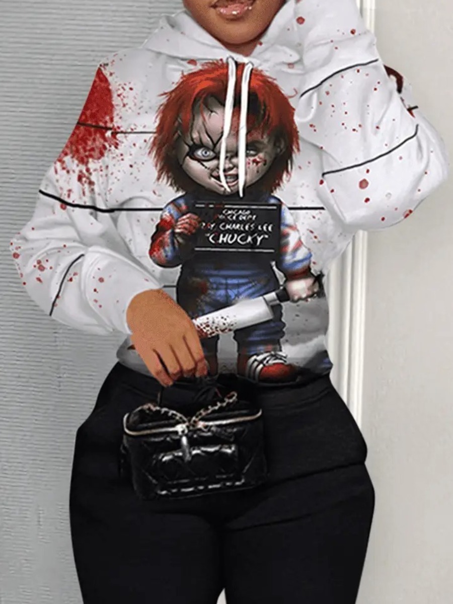 LW Plus Size Drawstring Pattern Kangaroo Pocket Print Cartoon Loose Sweatshirt&Hoodie