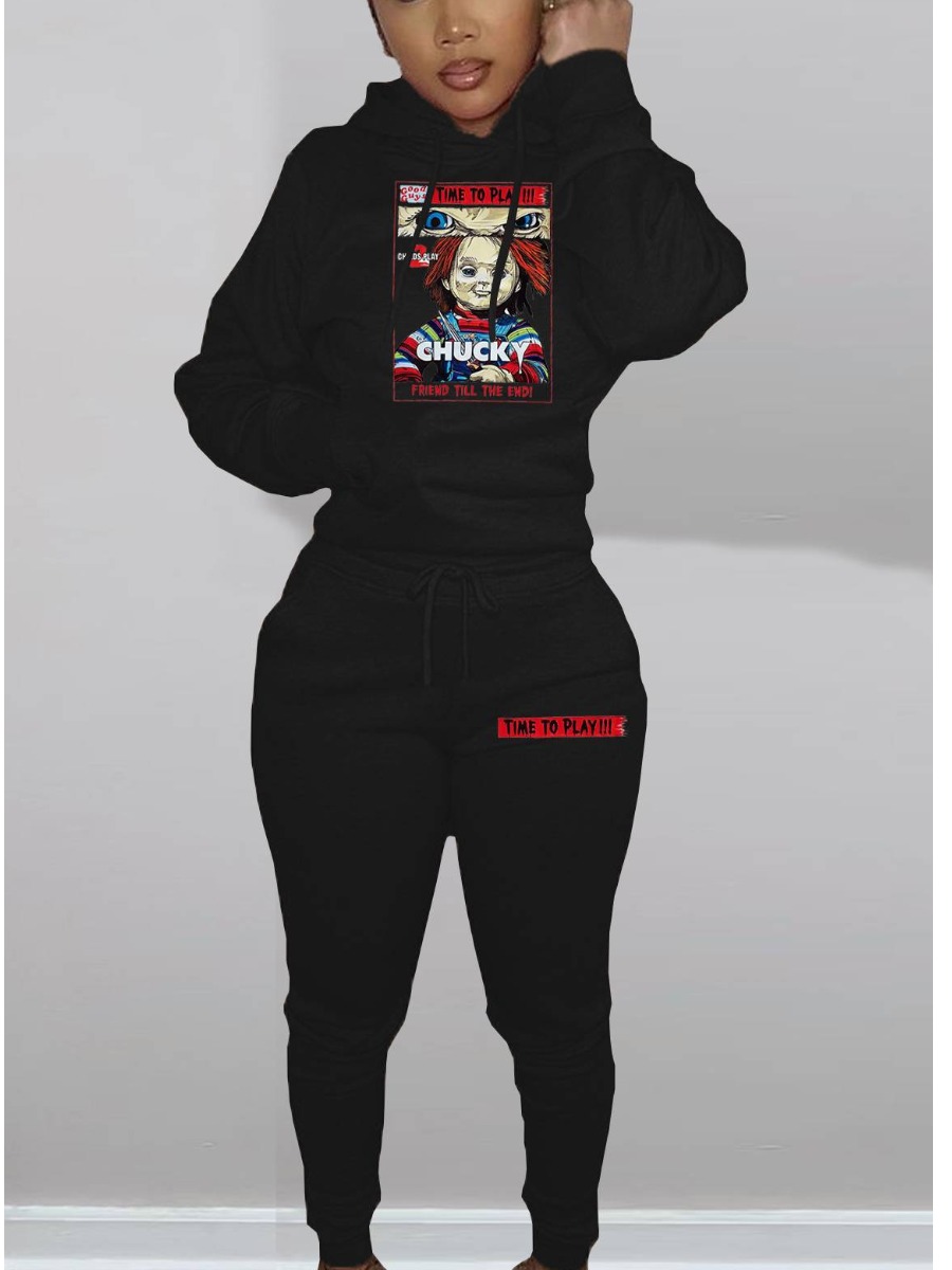 LW Figure Letter Print Kangaroo Pocket Tracksuit Set