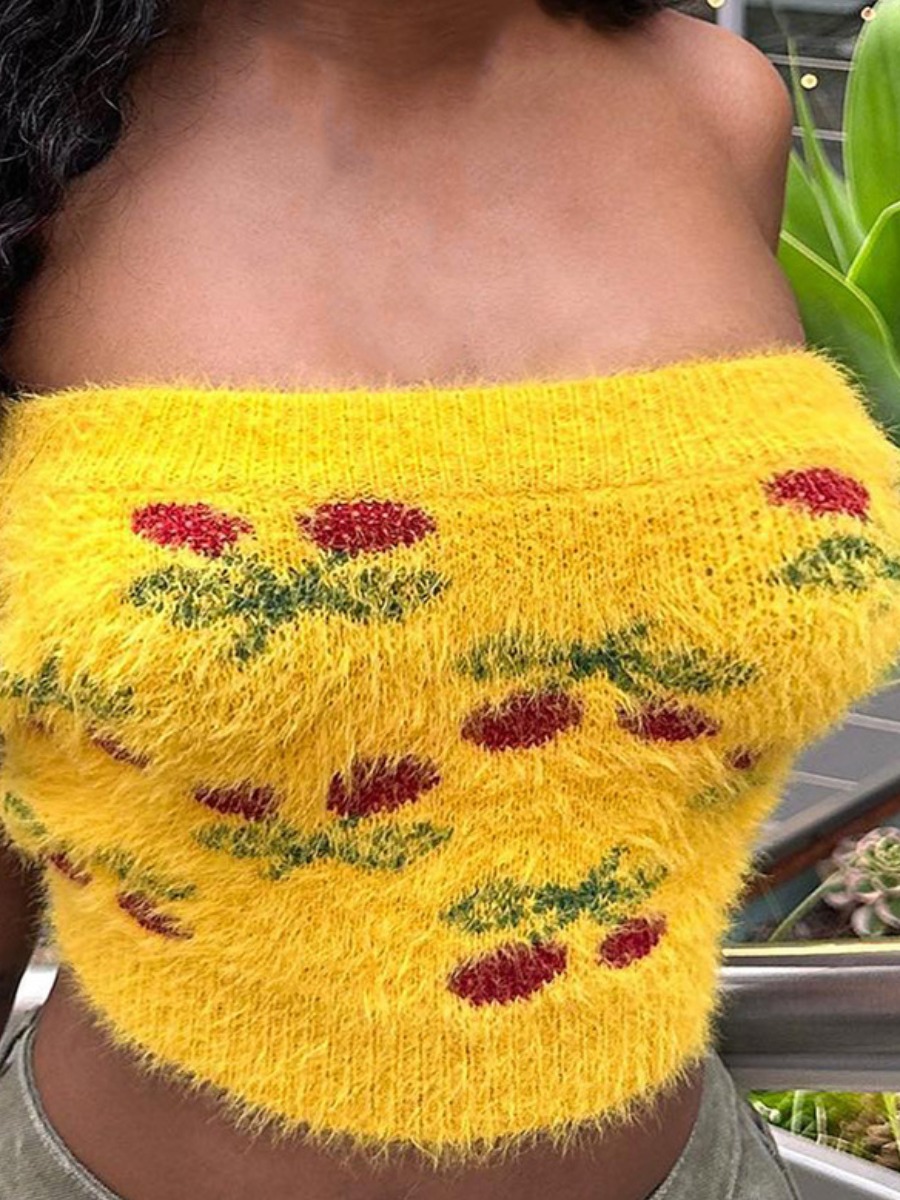 LovelyWholesale SXY Off The Shoulder Floral Decor Skinny Sweater Fall|Winter Sleeveless Sxy Pattern Strapless Spring Summer 2024