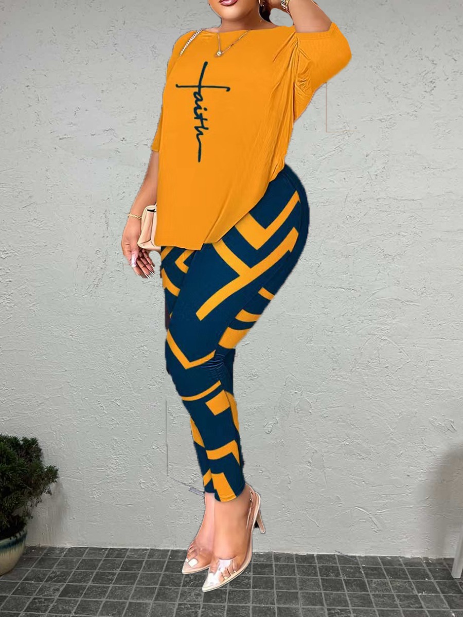 LW Plus Size Faith Letter Print Back Knot Pants Se
