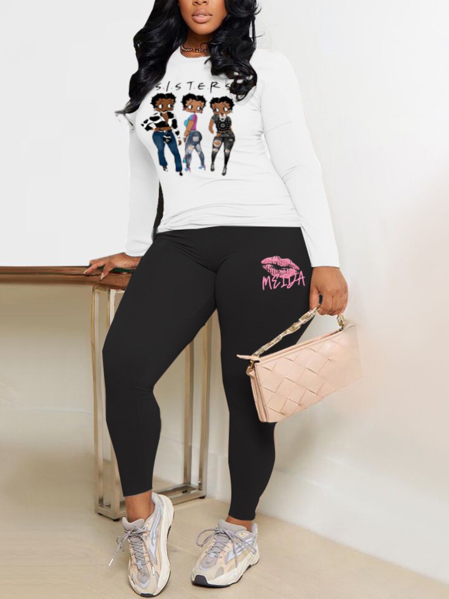 LW Pattern Print Cartoon Skinny Two-piece Pants Se