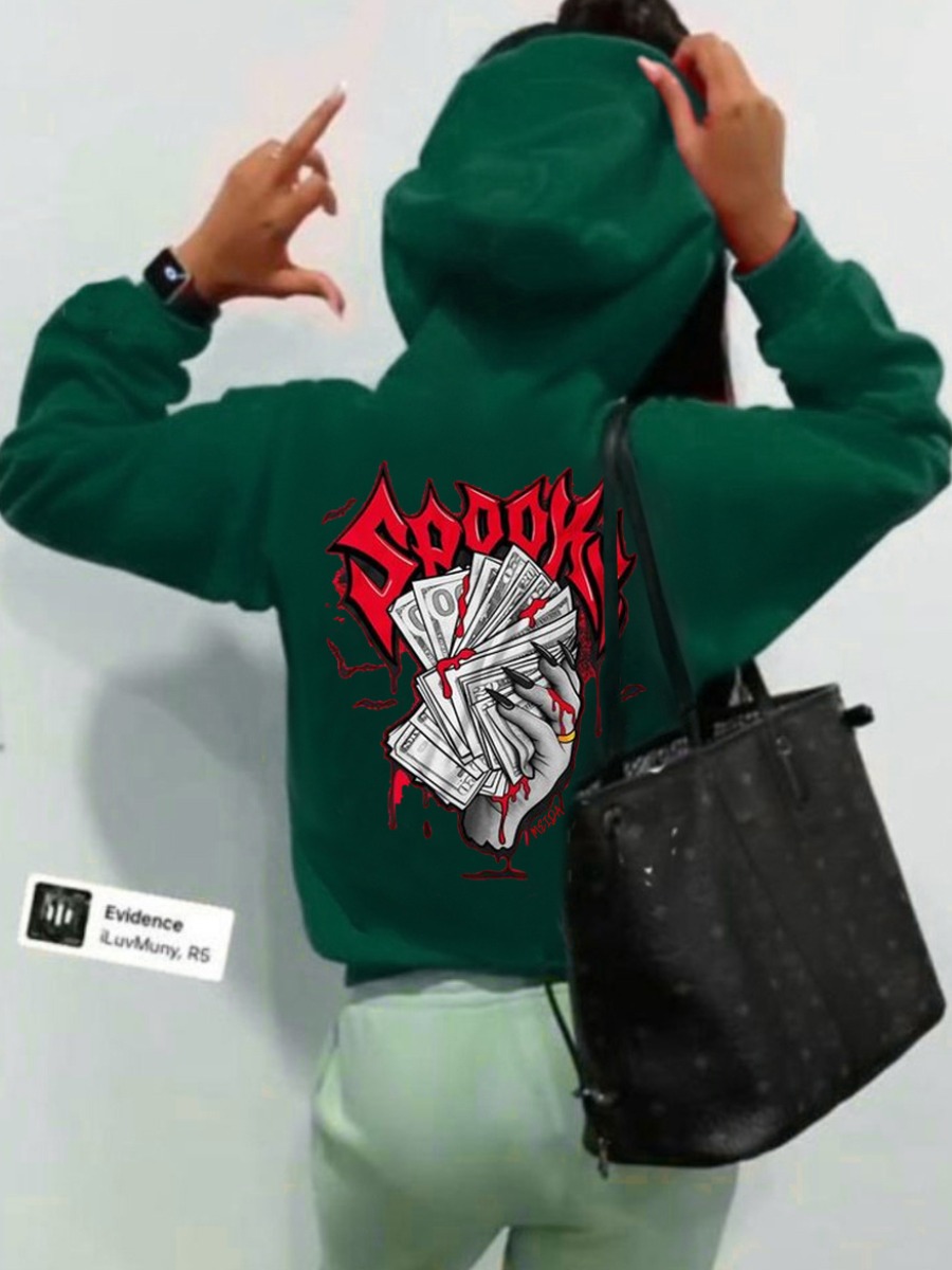 LW Money Letter Print Kangaroo Pocket Hoodie