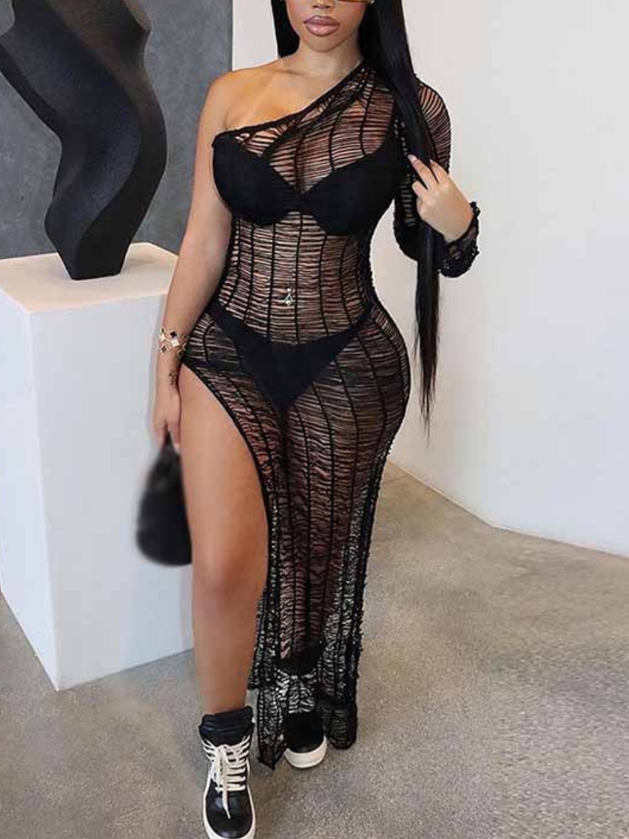 LovelyWholesale SXY One Shoulder See Through Pierced Thigh Slit Dress Fall Long Sleeve Sxy One Shoulder Spring Summer 2024