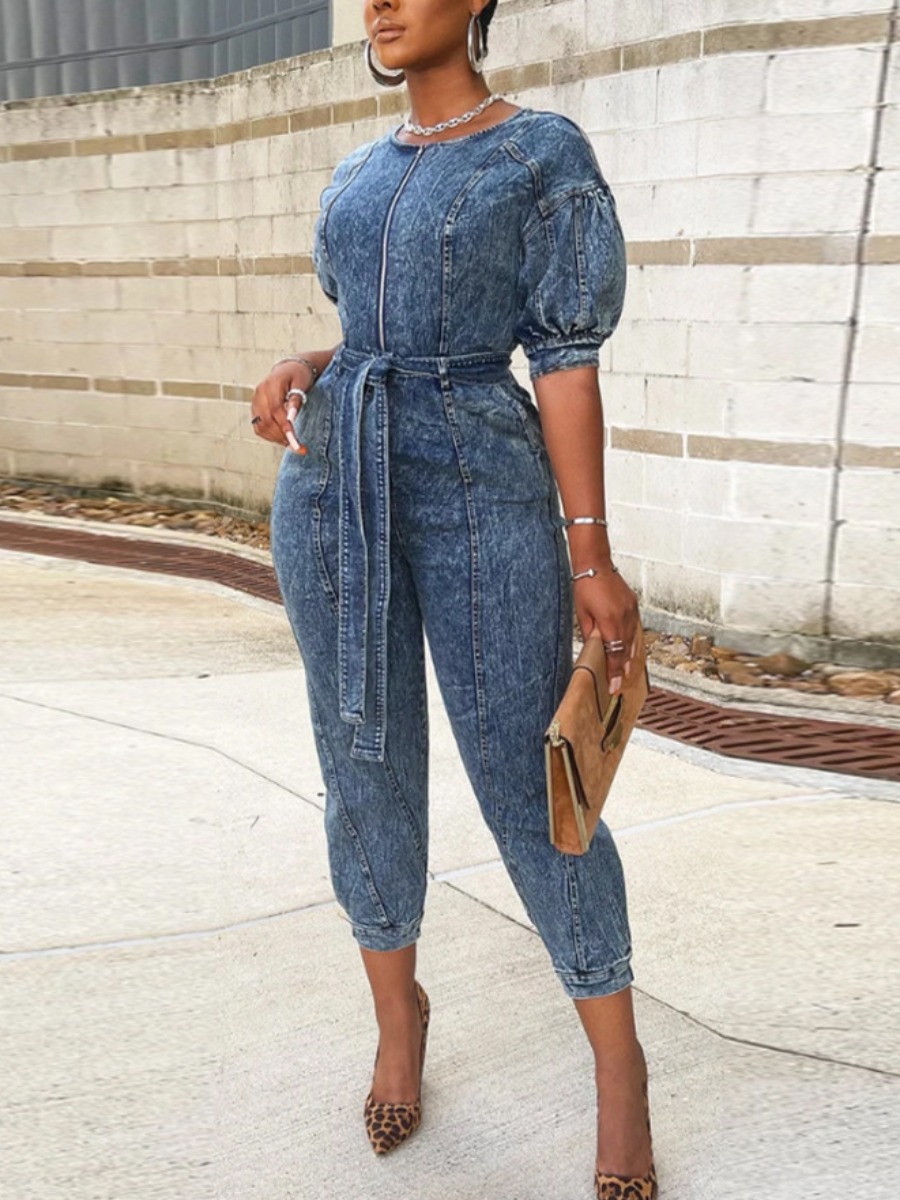 LW Zipper Bandage Design Denim Jumpsuit
