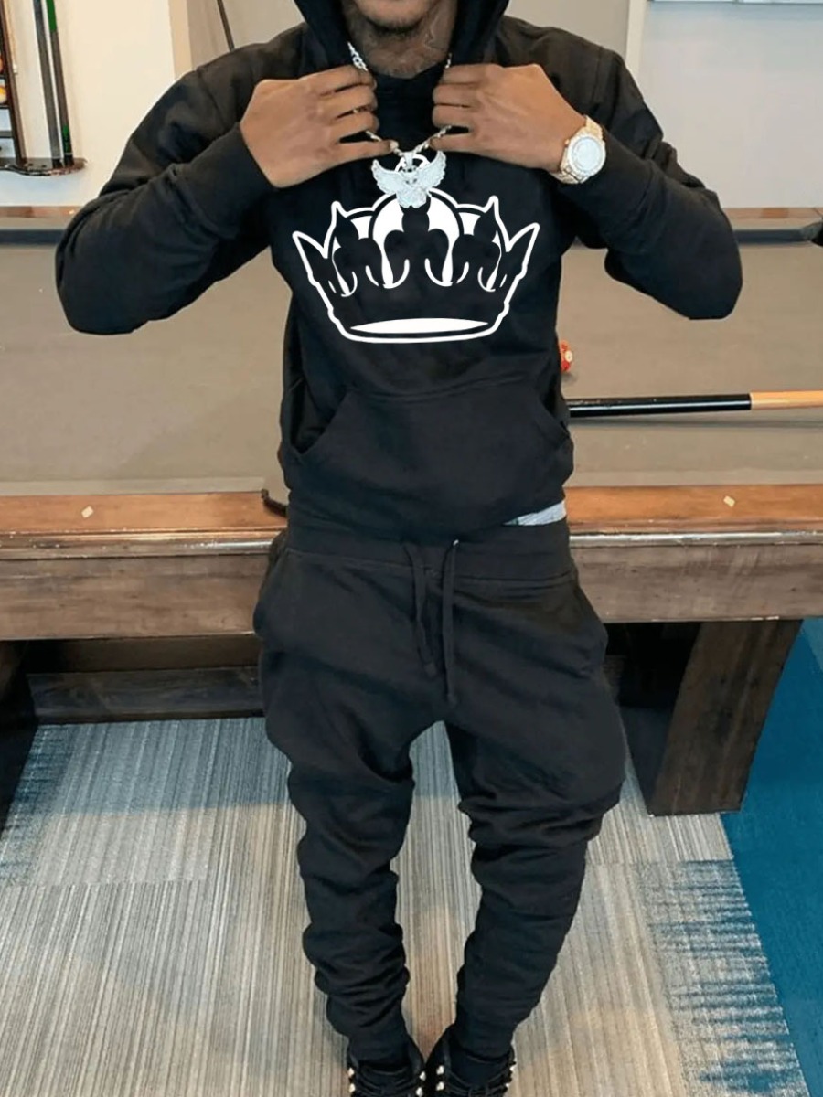 LW Men Crown Print Kangaroo Pocket Tracksuit Set