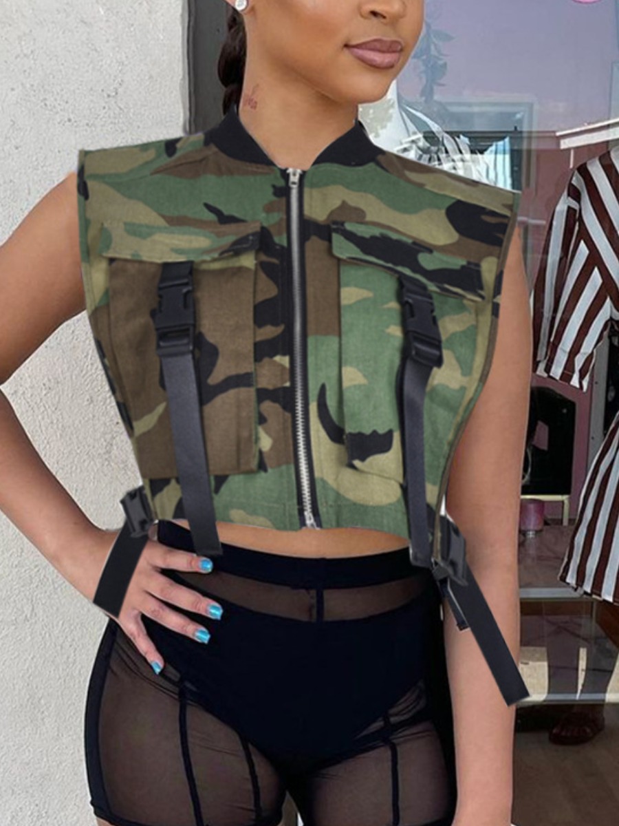 LW Camo Print Crop Top Buckle Design Blouse