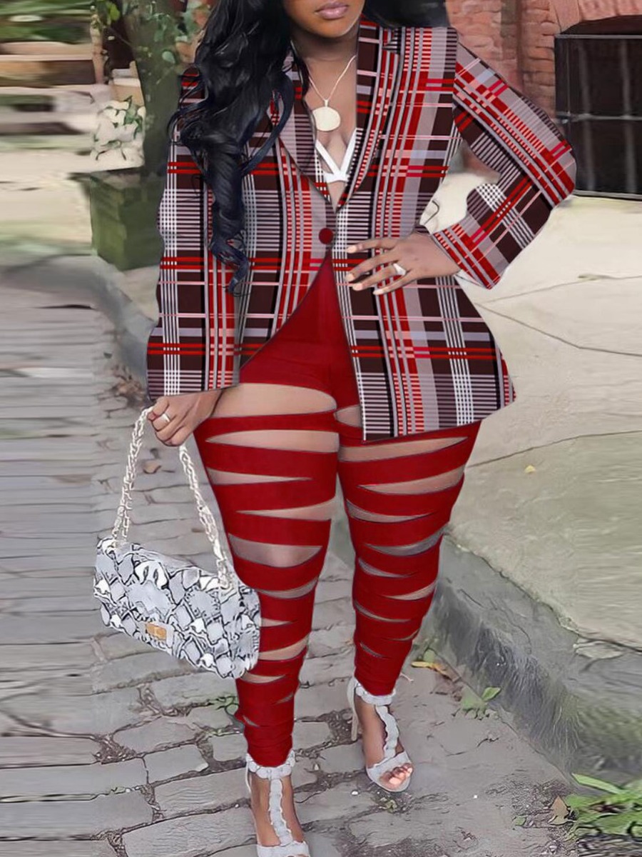 LovelyWholesale Plus Size Plaid Print Ripped Button Design Blazer Pants Set Fall Long Sleeve Business Lapel Neck  5X Spring Summer 2024
