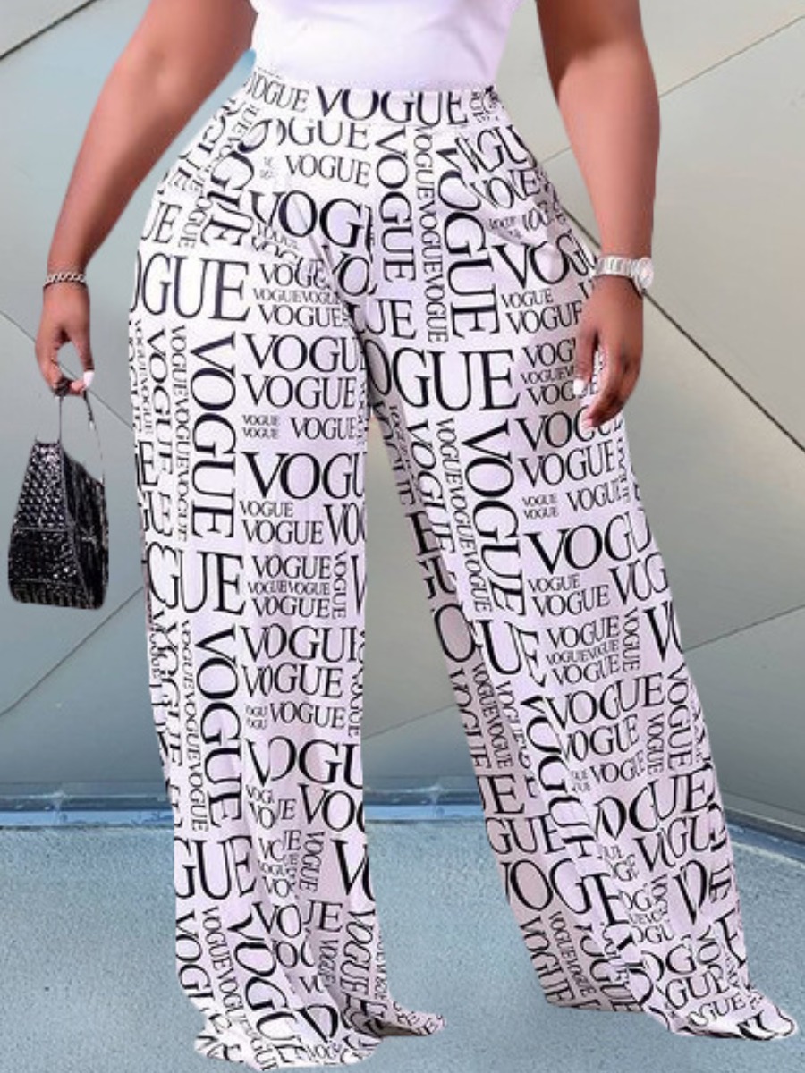 LovelyWholesale Plus Size High Waist Letter Print Wide Leg Pants Spring|Fall Nine Points Sleeve Casual  4X Spring Summer 2024