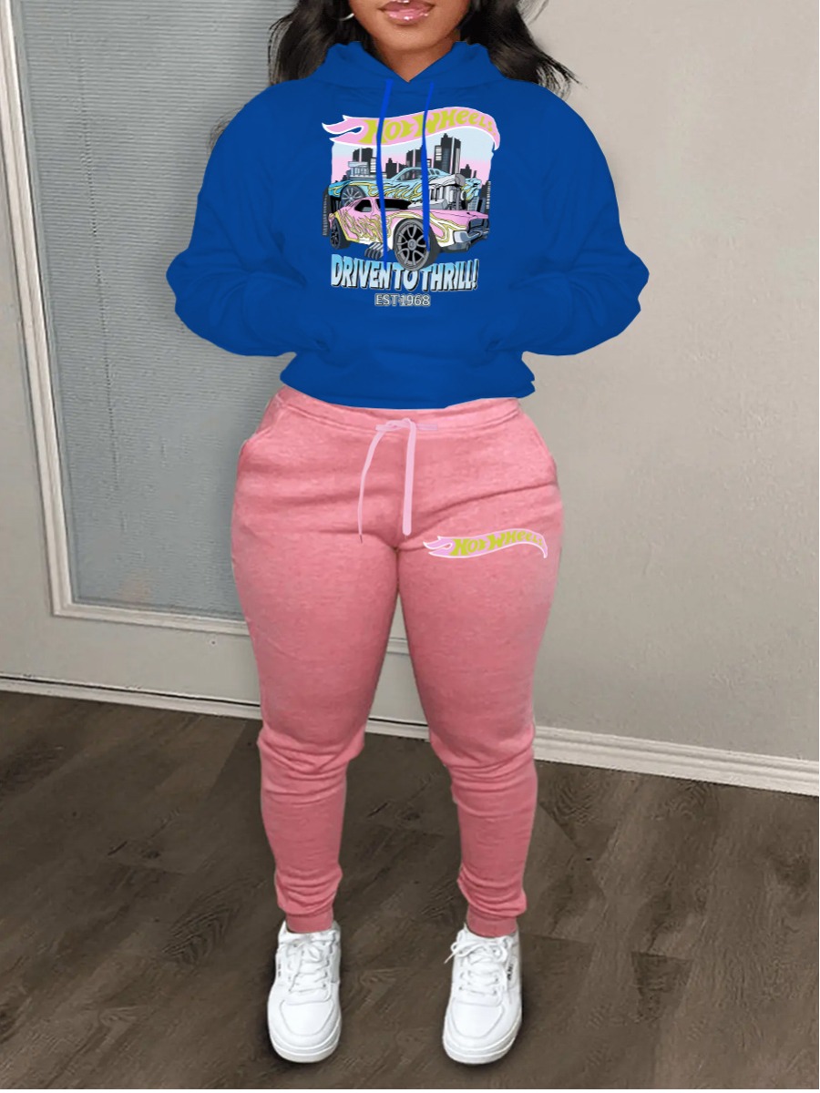 LW Racing Car Letter Print Kangaroo Pocket Tracksuit Set
