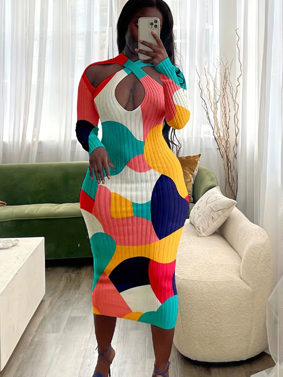 LW Plus Size Color Lump Patchwork Bodycon Dress 1X