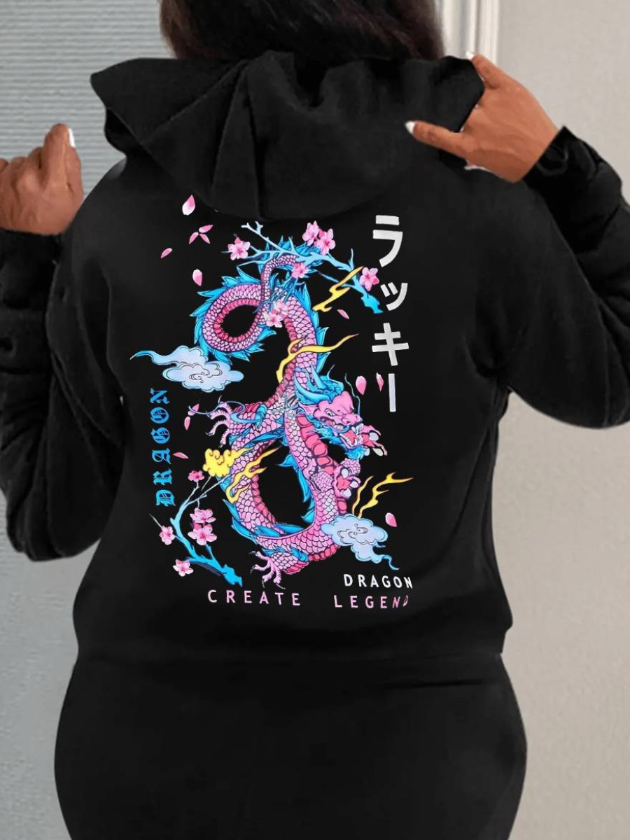 LW Plus Size Dragon Letter Print Kangaroo Pocket Hoodie