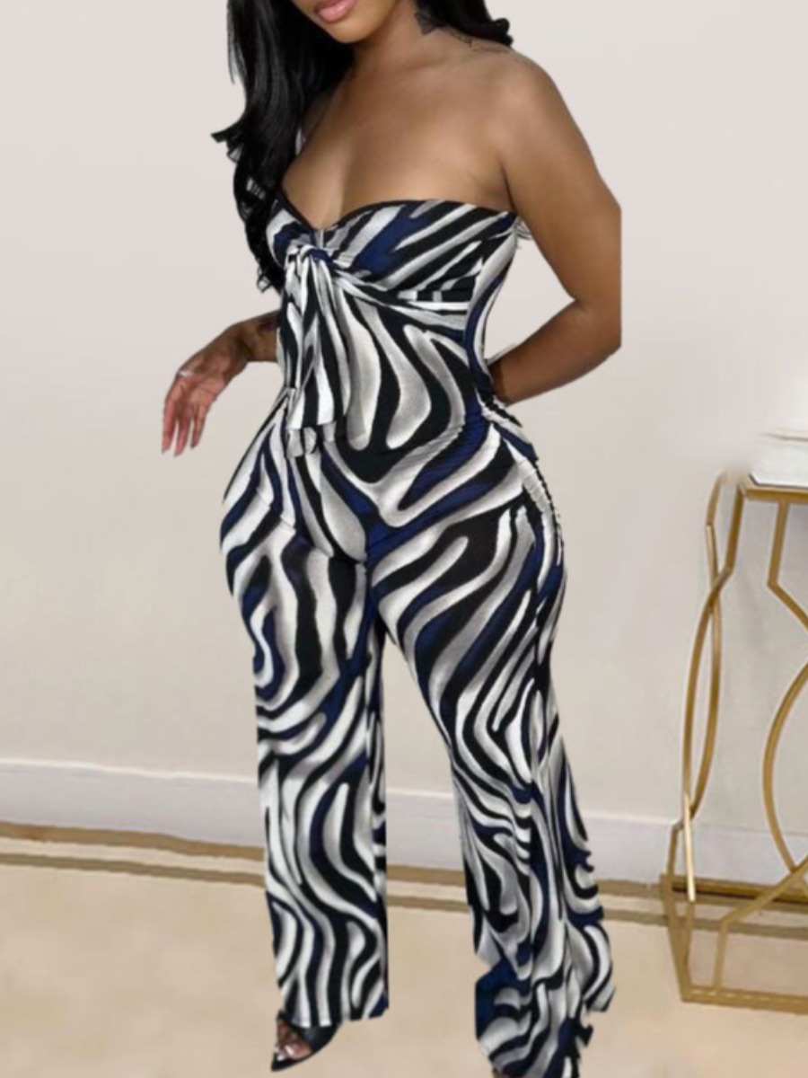 LW Off The Shoulder Zebra Striped Bandage Design Jumpsuit
