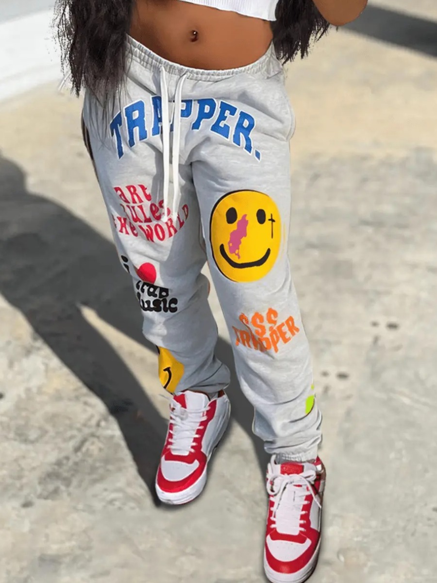 LW Cartoon Letter Print Drawstring Sweatpants