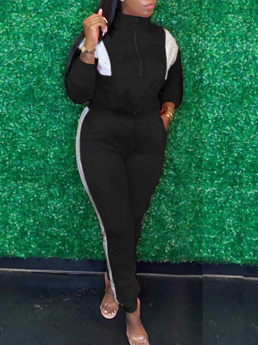 LovelyWholesale Zipper Design Striped Skinny Pants Set Fall Long Sleeve Casual Mock Neck Spring Summer 2024