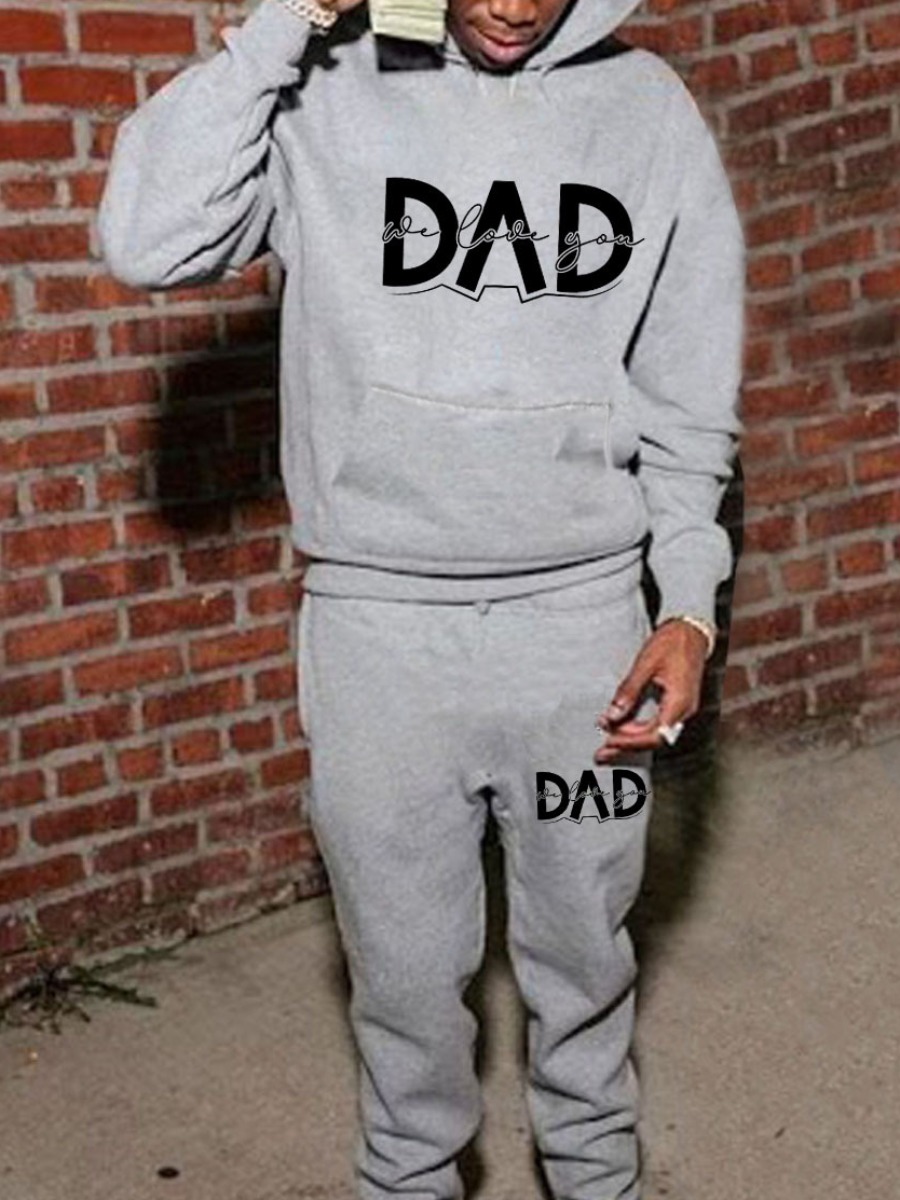 LW Men Letter Print Kangaroo Pocket Tracksuit Set