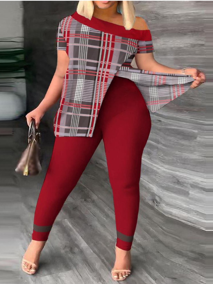 LW Plus Size Geometric Print Striped Split Pants Set