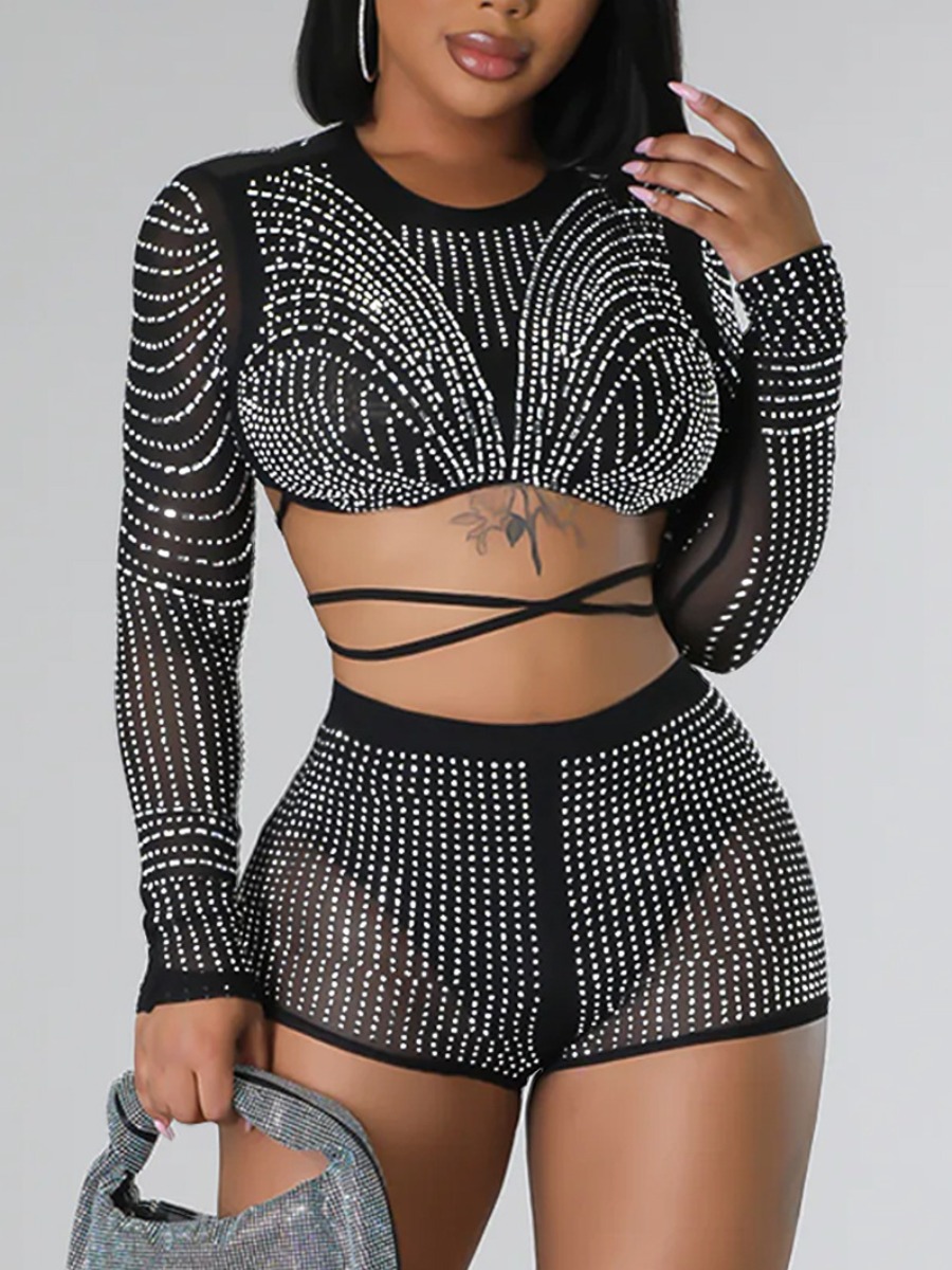 LW Crop Top Rhinestone Decor See Through Shorts Se